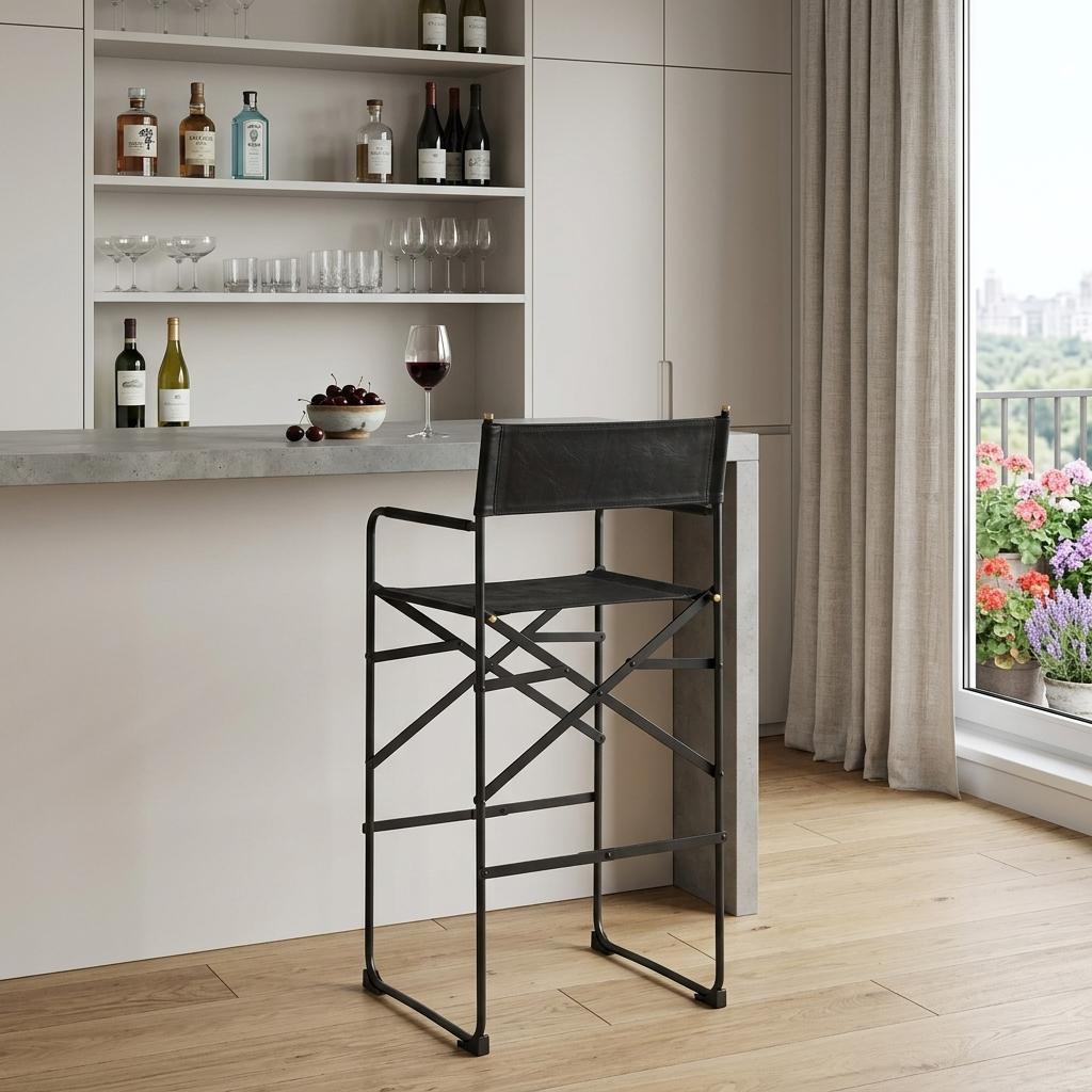 Black Leather & Metal Bar Height Bar Chair