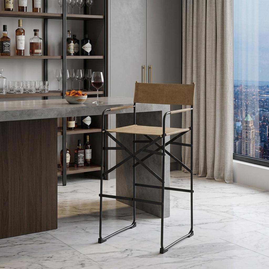 Brown & Black Leather & Iron Bar Chair