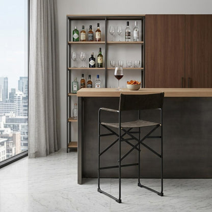 Brown & Black Leather & Metal Bar Chair