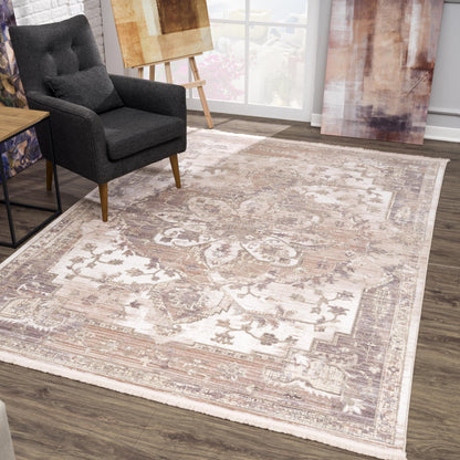 7 x 9 Beige & Ivory Medallion Power Loom Rug