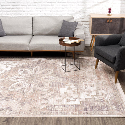 7 x 9 Beige & Ivory Medallion Power Loom Rug