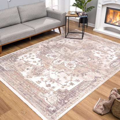 7 x 9 Beige & Ivory Medallion Power Loom Rug