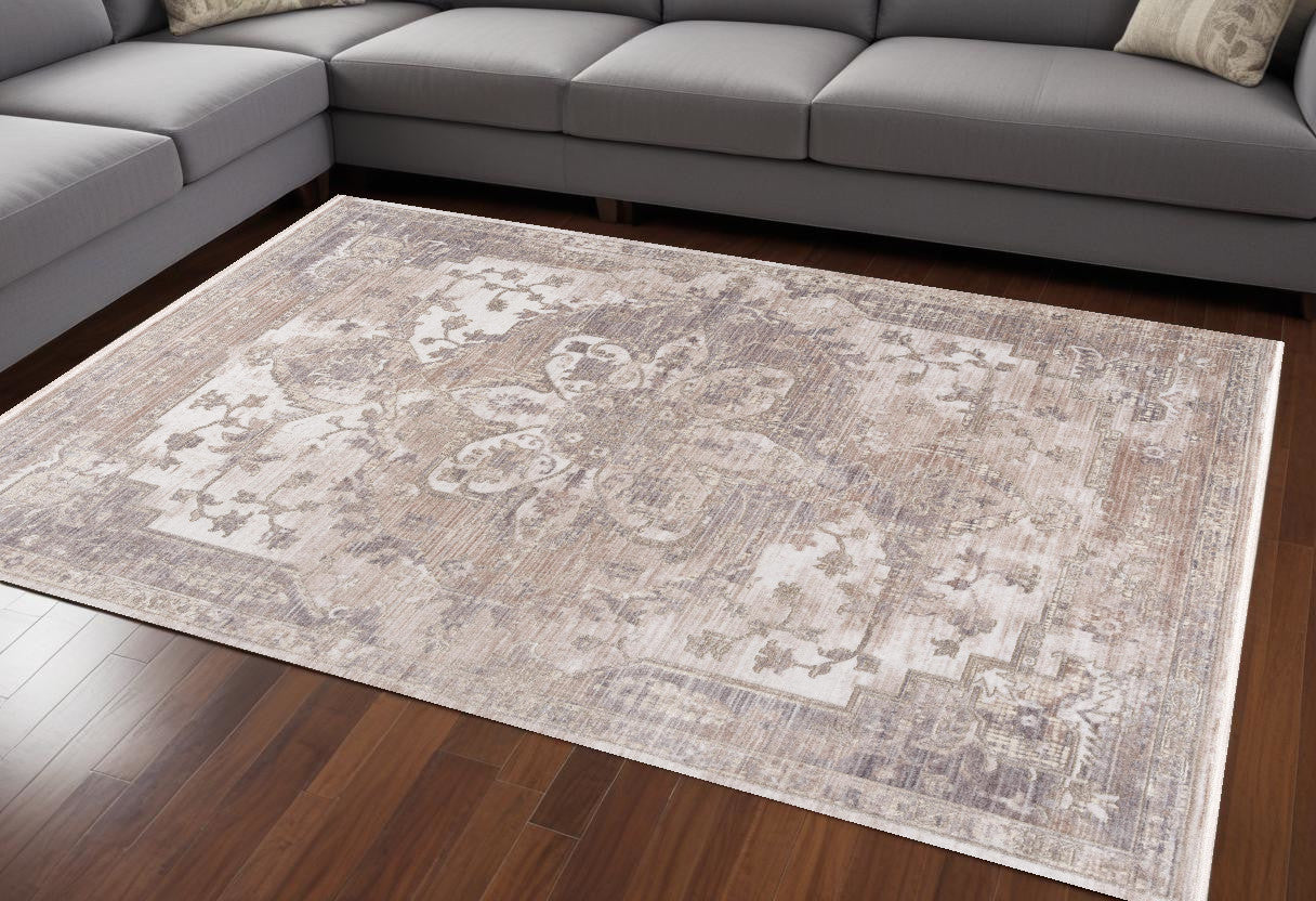 7 x 9 Beige & Ivory Medallion Power Loom Rug