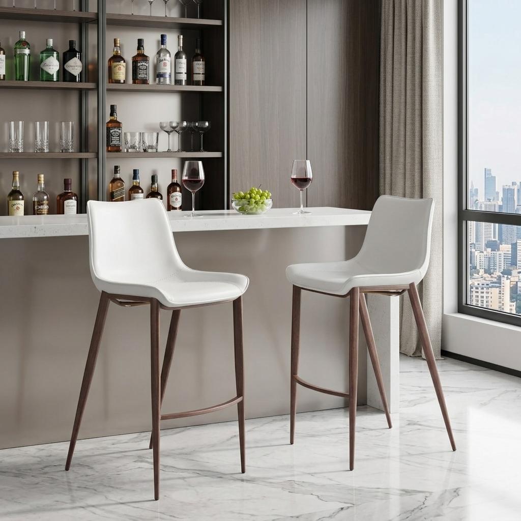 White & Brown Steel Low Back Bar Height Bar Chairs - Set of 2
