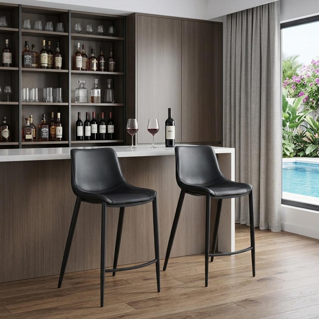 Black Faux Leather & Steel Low Back Bar Height Bar Chairs - Set of 2