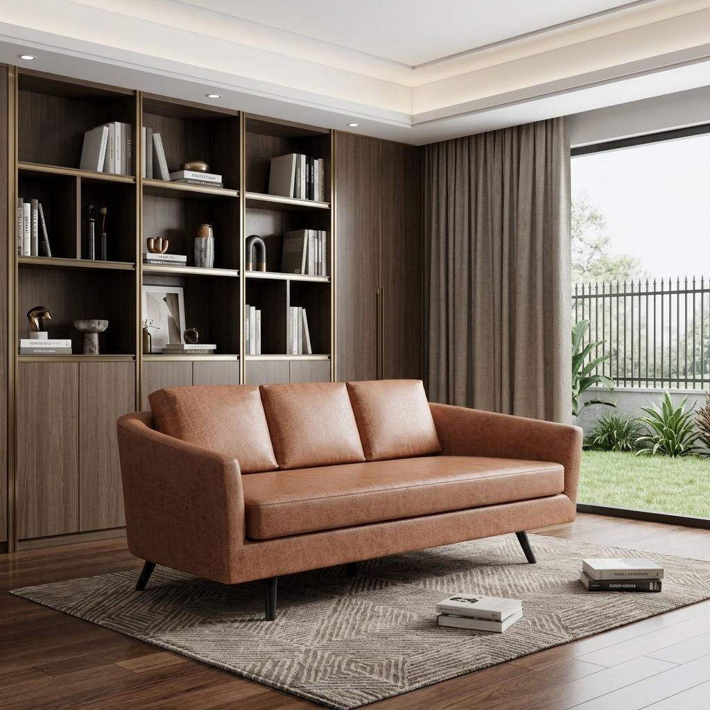 Brown Faux Leather Sofa With Black Legs