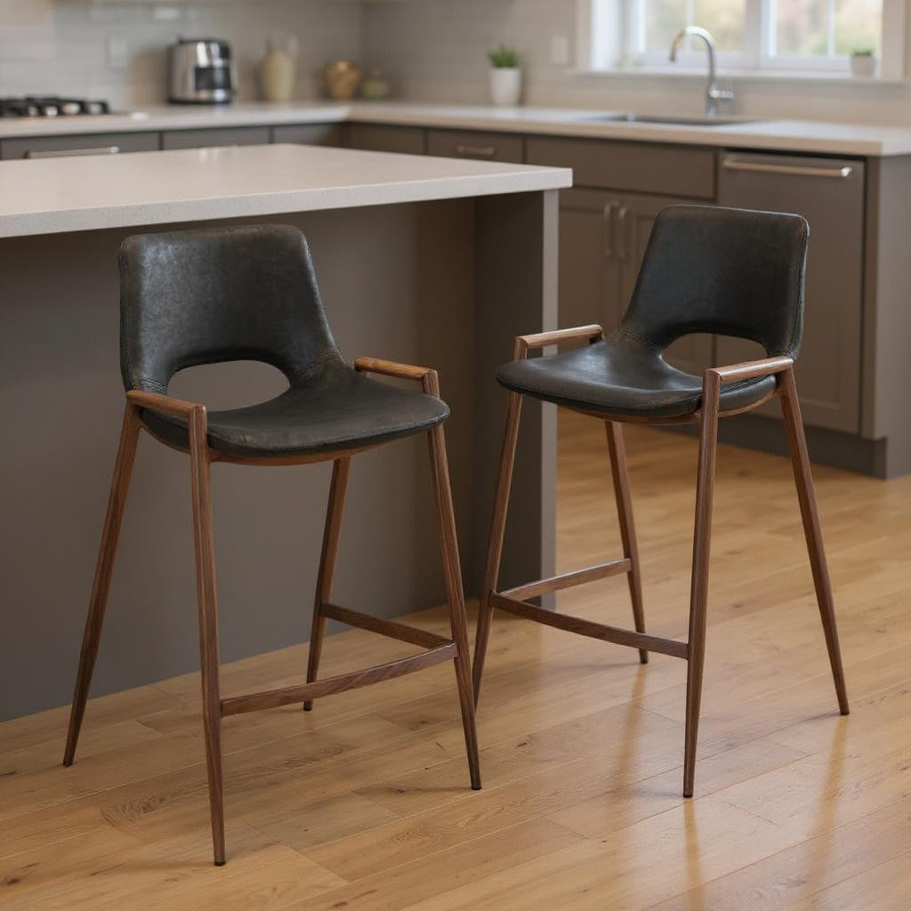 Black & Brown Faux Leather & Steel Low Back Counter Height Bar Chairs - Set of 2
