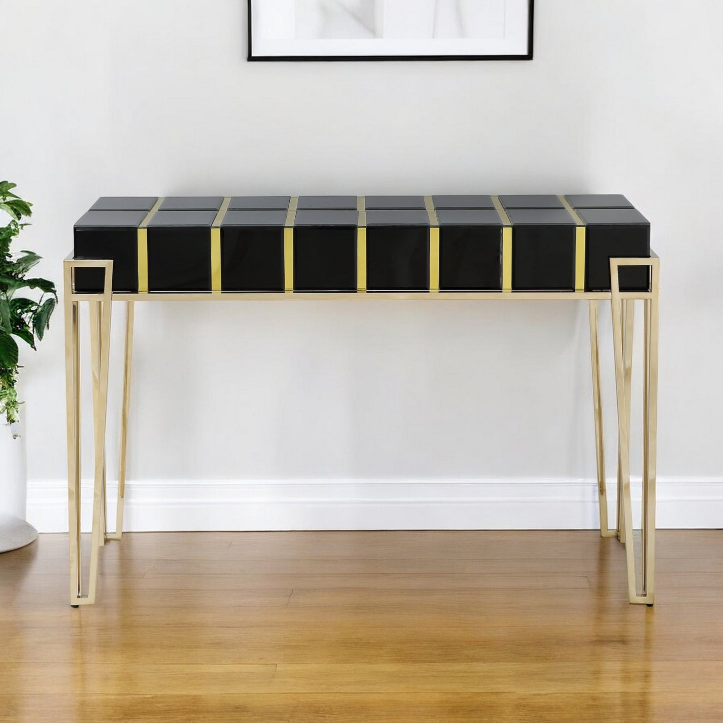 Black & Gold Mirrored Glass Console Table