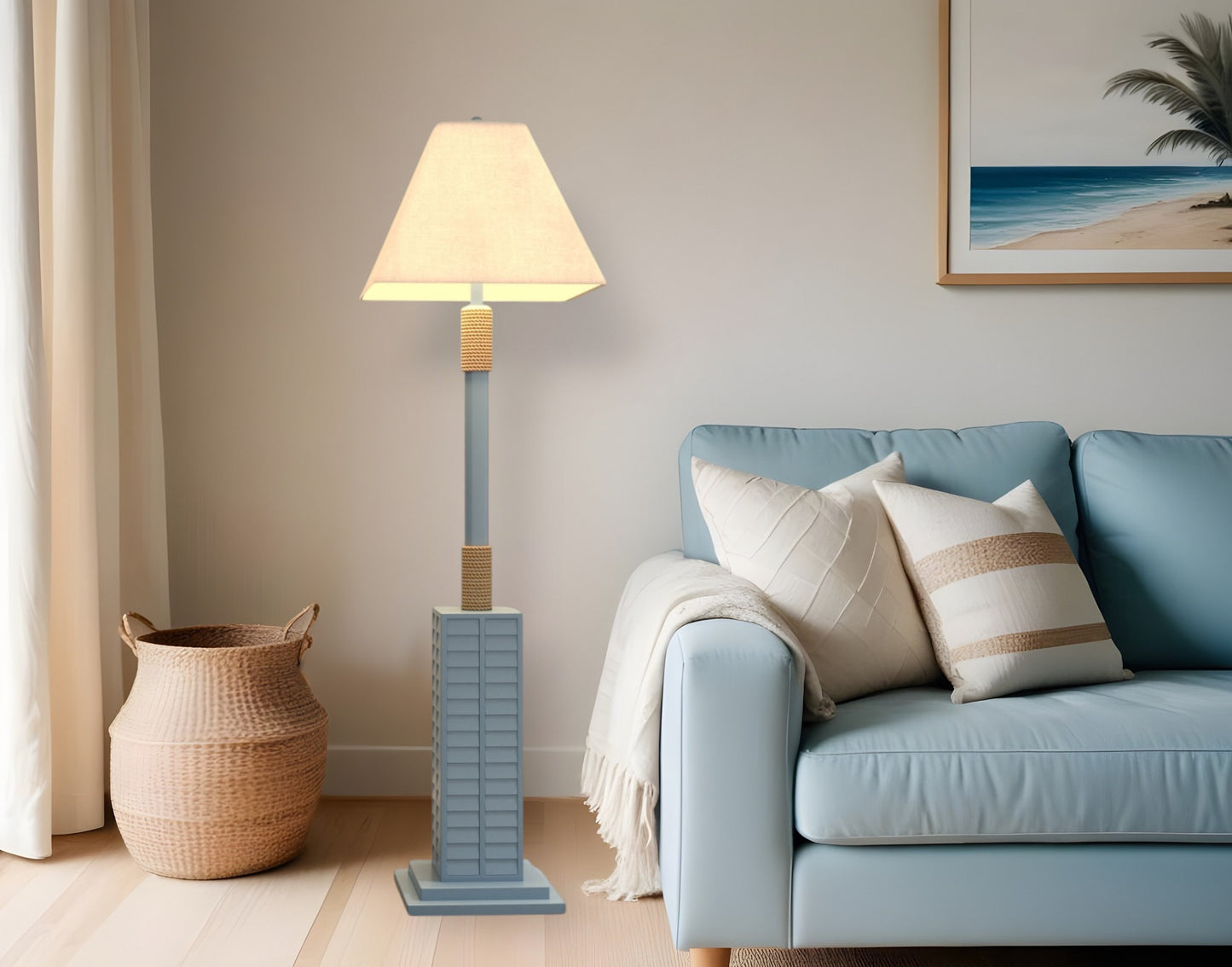 Blue Floor Lamp w/ Tan Linen Shade