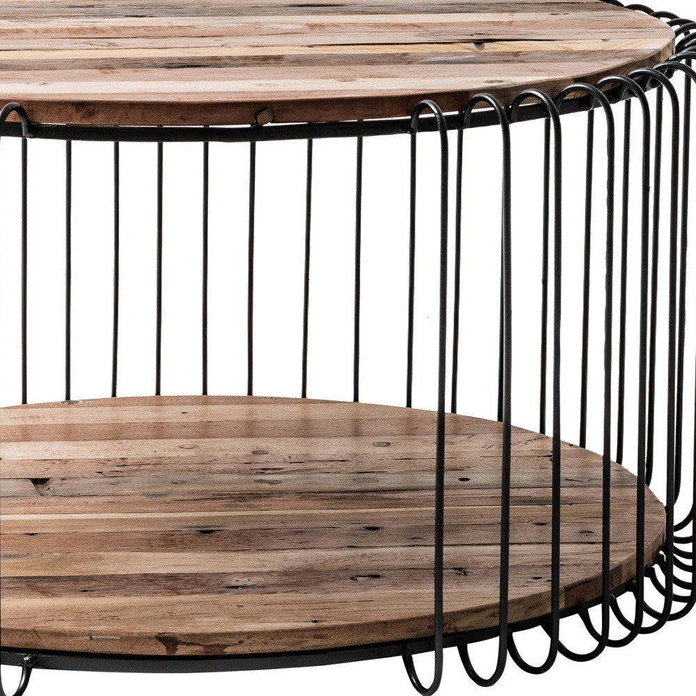 Natural & Black Solid Wood & Steel Round Coffee Table
