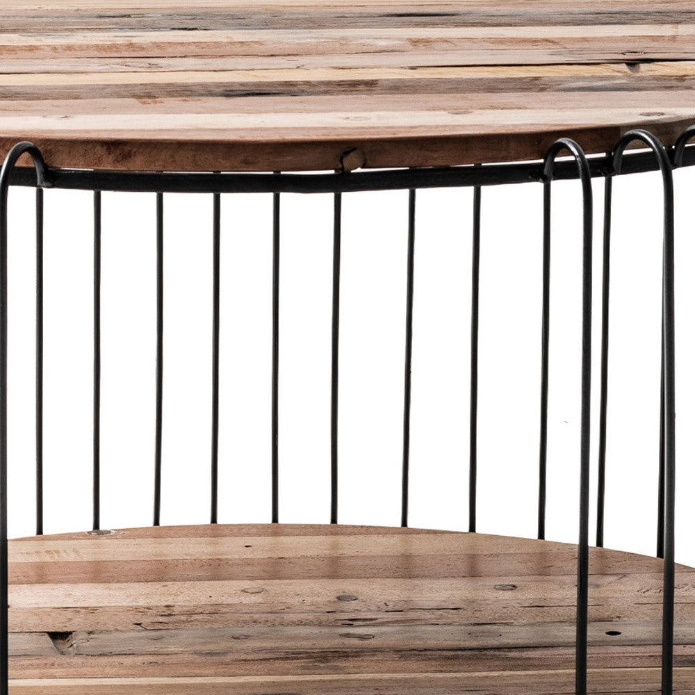 Natural & Black Solid Wood & Steel Round Coffee Table