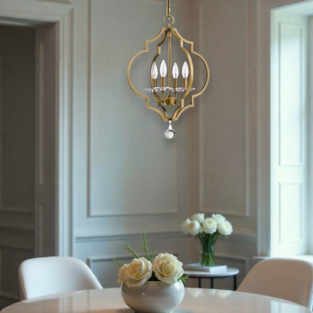 Brass Candle Style 4 Light & Crystals Dimmable Chandelier