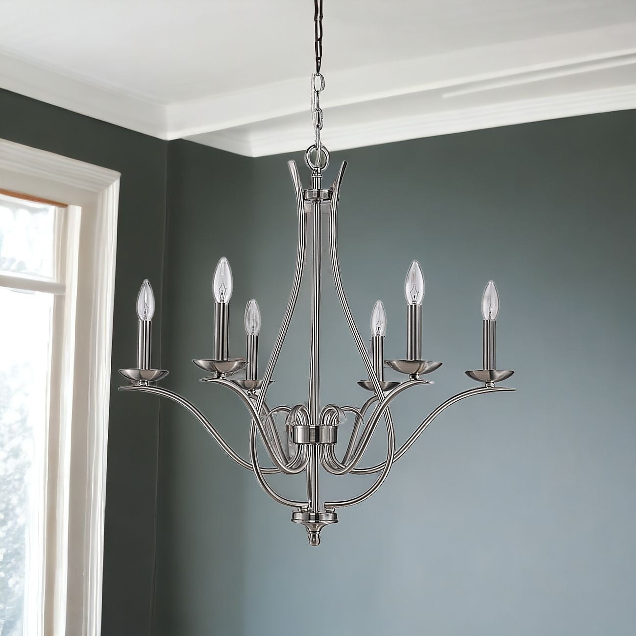 Nickel Candle Style 6 Light Dimmable Chandelier
