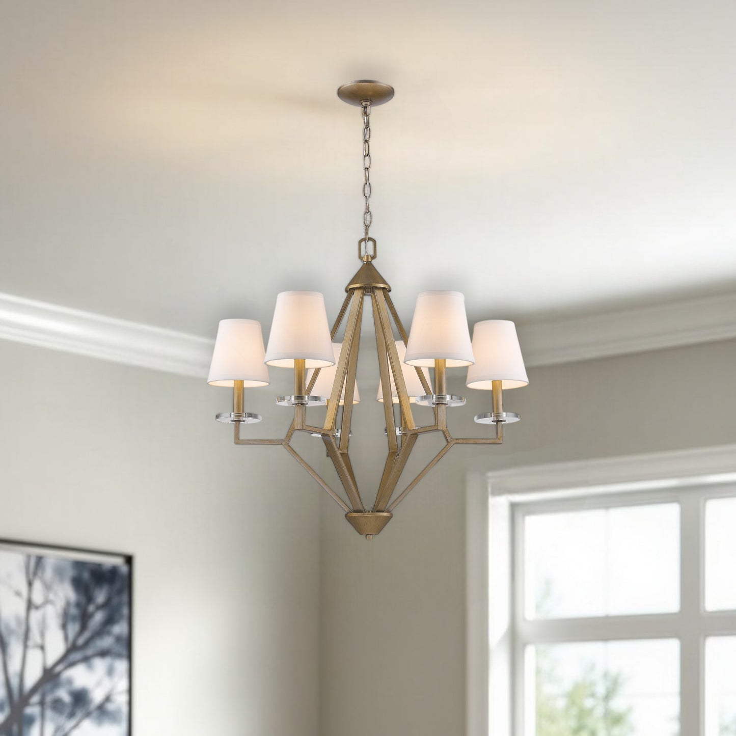 Gold Candle Style 6 Light & Crystals Dimmable Chandelier