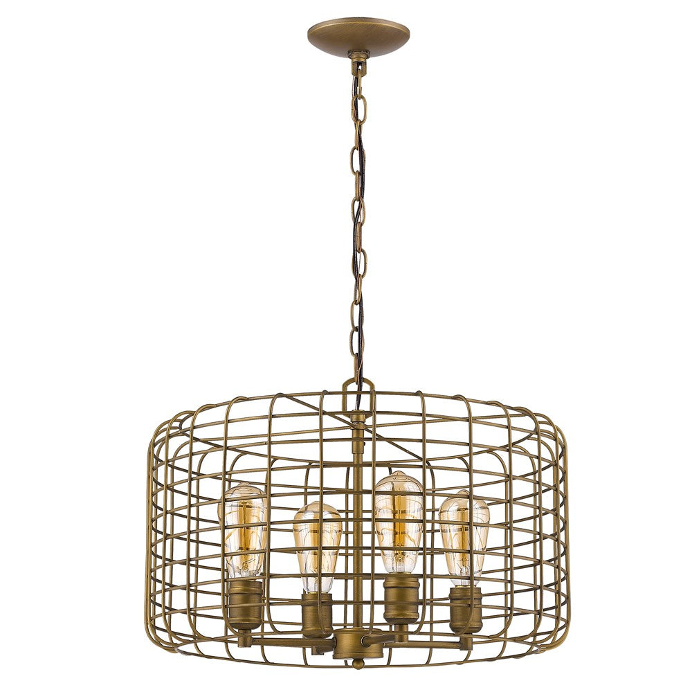Lynden 4-Light Raw Brass Drum Pendant w/ Wire Cage Shade