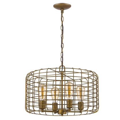 Lynden 4-Light Raw Brass Drum Pendant w/ Wire Cage Shade