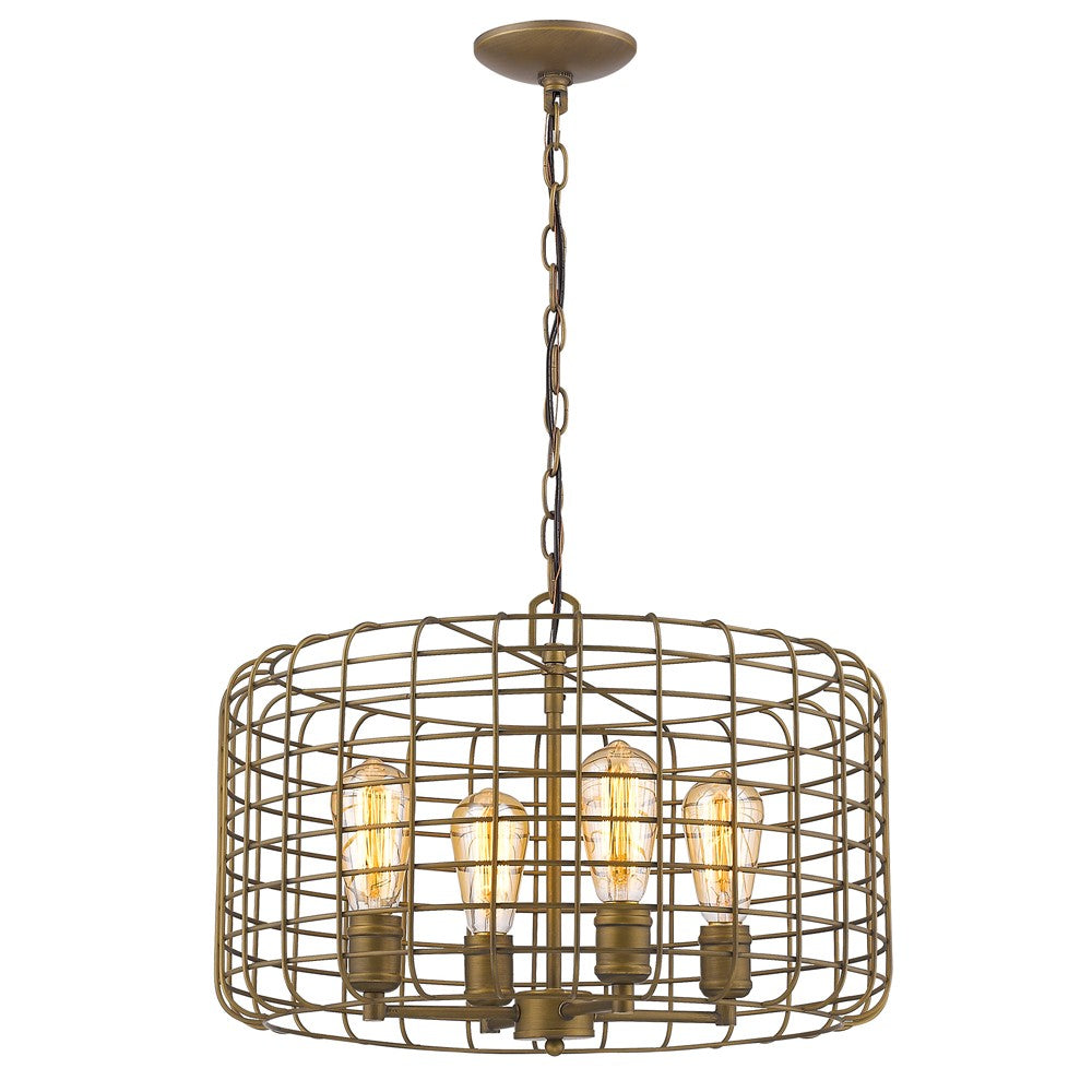 Lynden 4-Light Raw Brass Drum Pendant w/ Wire Cage Shade