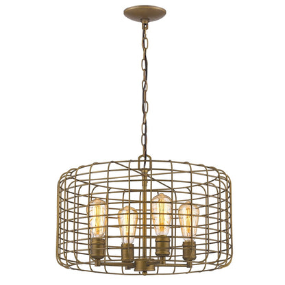 Lynden 4-Light Raw Brass Drum Pendant w/ Wire Cage Shade