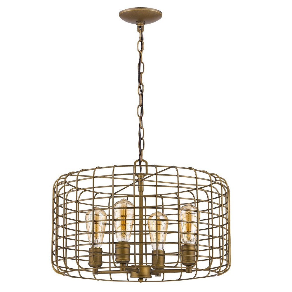 Lynden 4-Light Raw Brass Drum Pendant w/ Wire Cage Shade