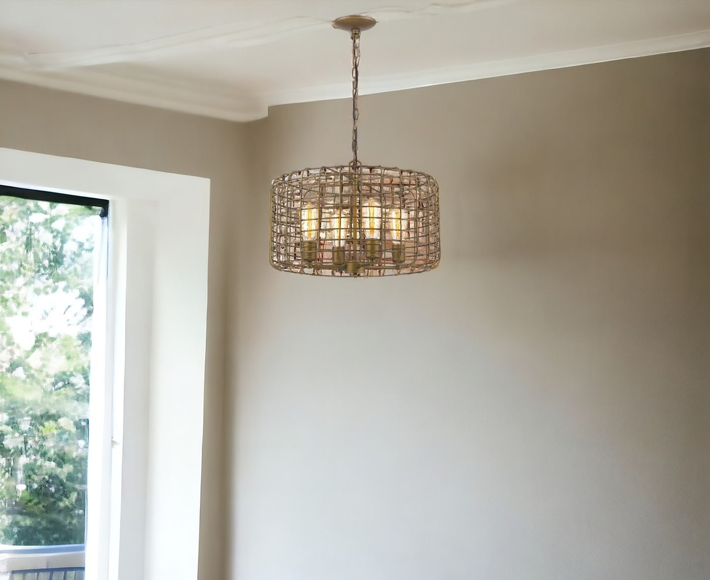 Lynden 4-Light Raw Brass Drum Pendant w/ Wire Cage Shade