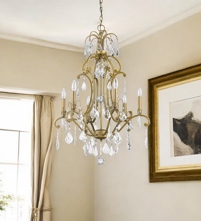Gold Candle Style 6 Light & Crystals Dimmable Chandelier