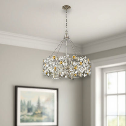 Silver Shaded 4 Light & Crystals Dimmable Chandelier