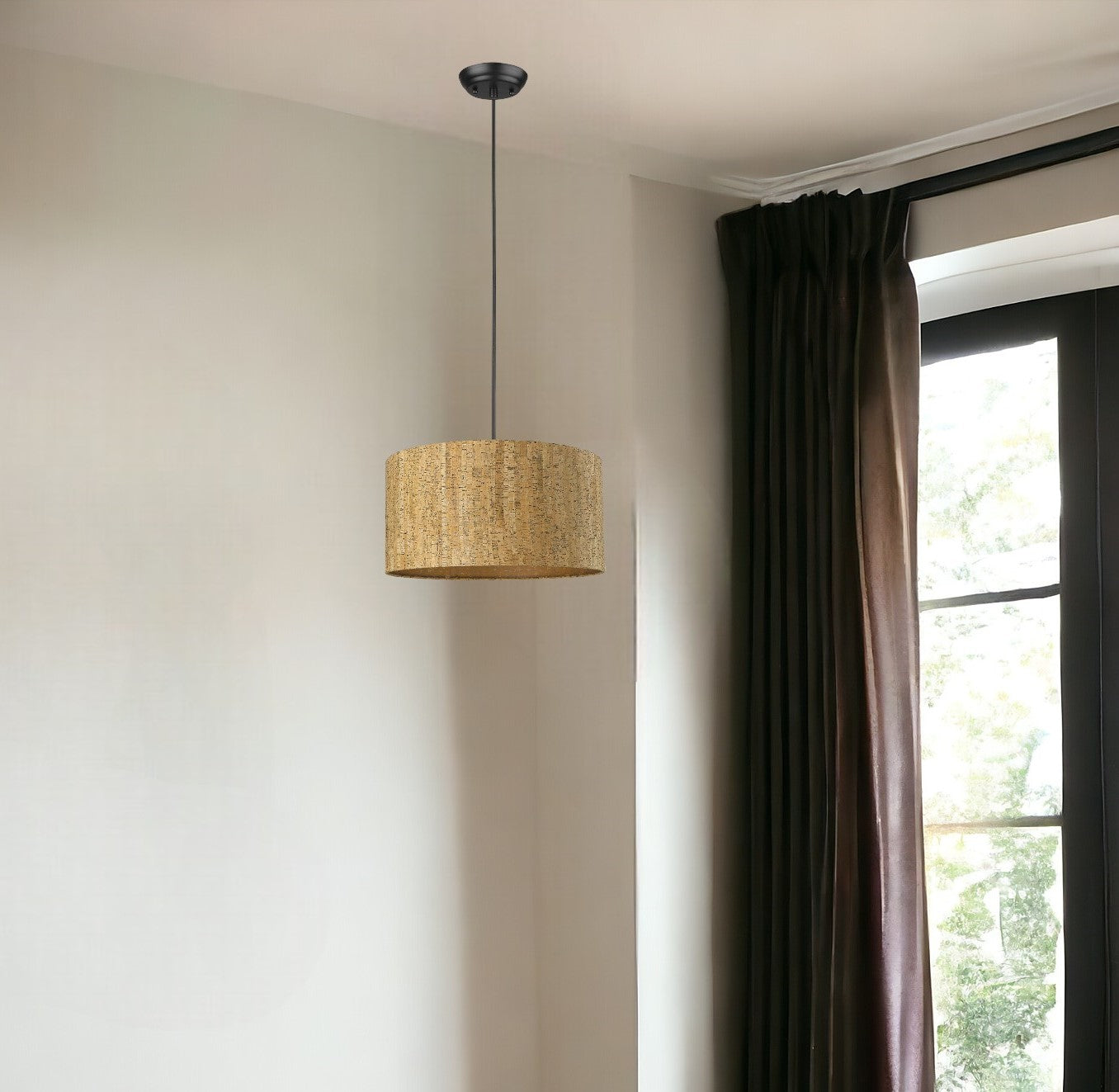 Matte Black Cork Shade Modern 1 Light Hanging Pendent Lamp
