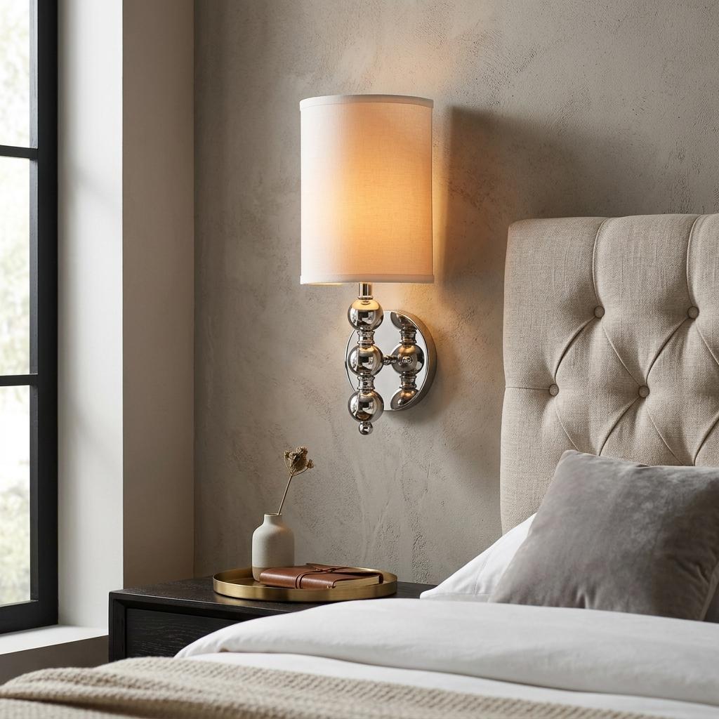 Silver Chrome Wall Light w/ Linen Shade