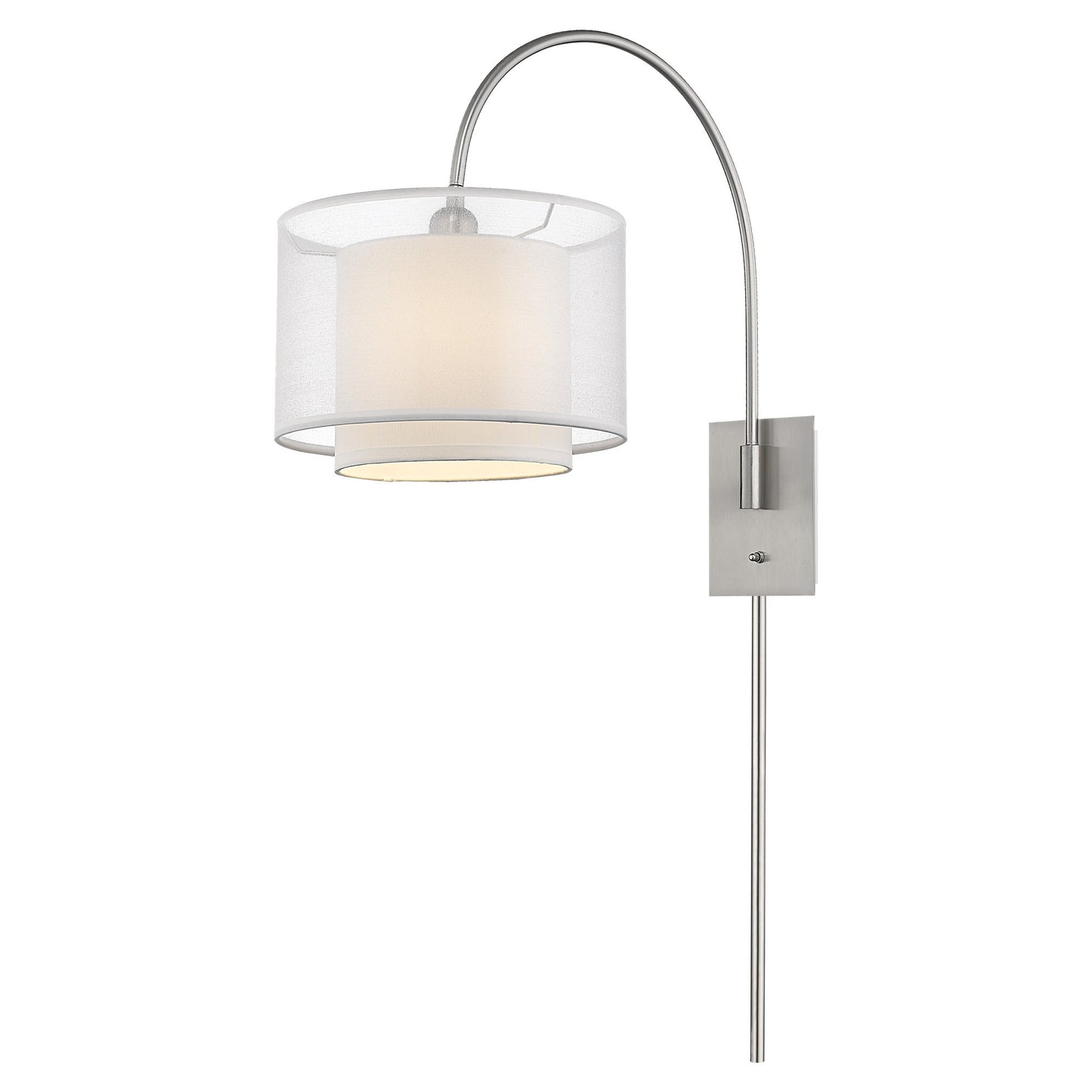 Brella 1-Light Brushed Nickel Swivel Wall Lamp w/ Sheer Snow Shantung Two Tier Shade