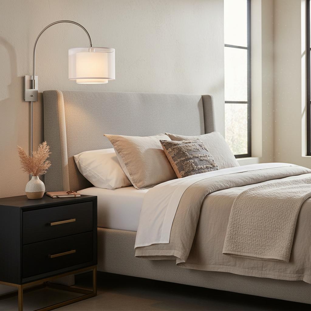 Brella 1-Light Brushed Nickel Swivel Wall Lamp w/ Sheer Snow Shantung Two Tier Shade