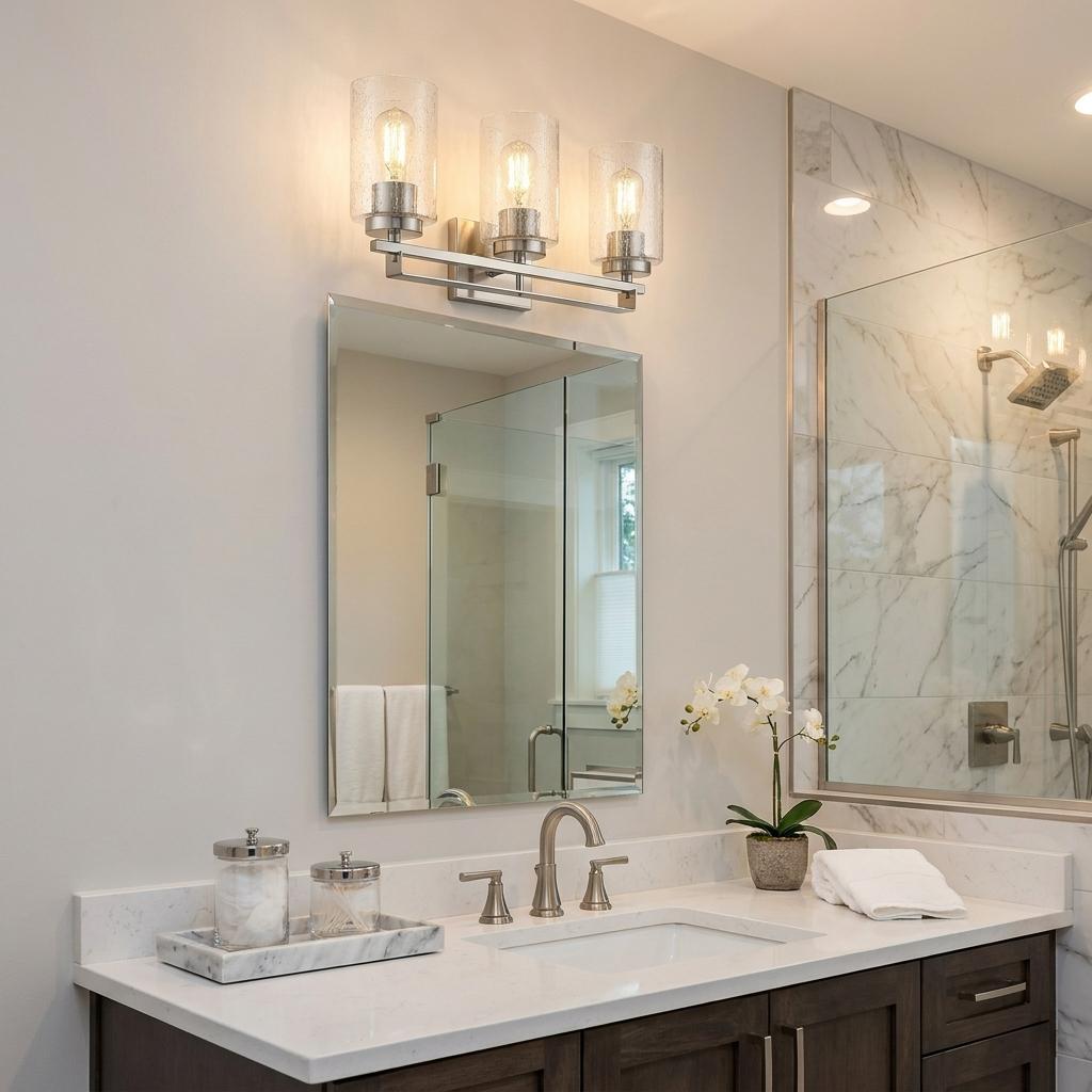 Silver & Textured Glass Three Light Wall Sconce