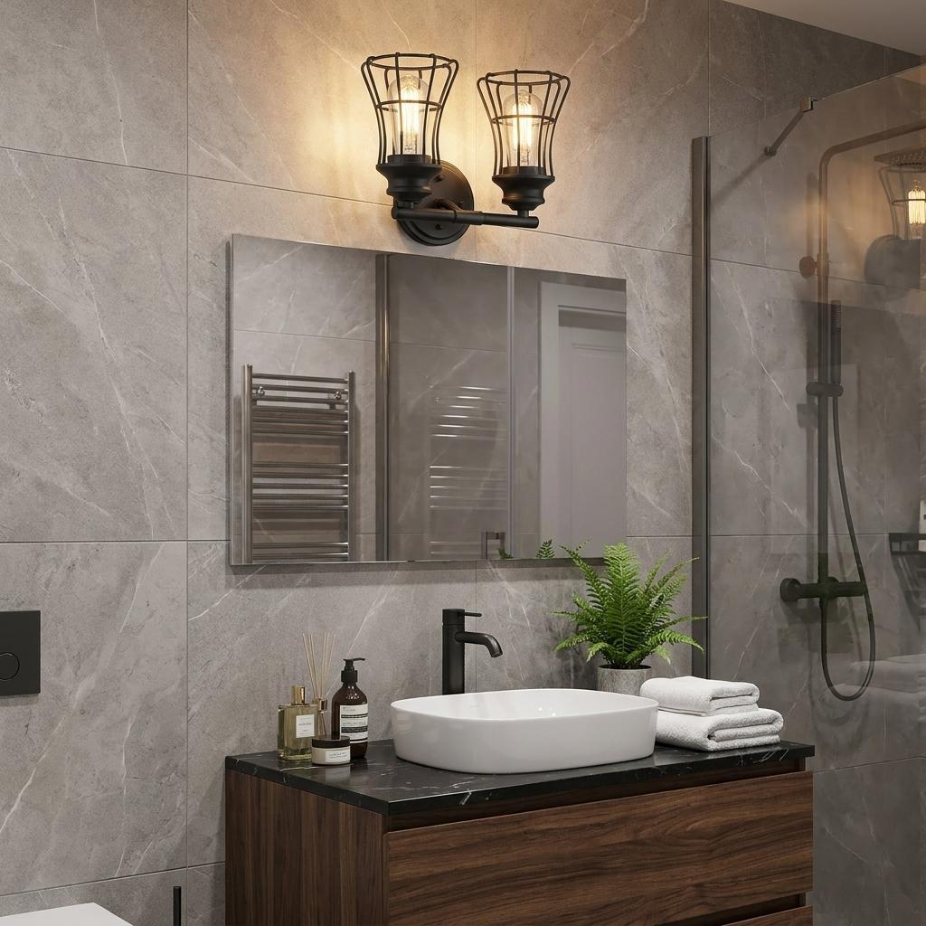 Two Light Matte Black Cage Wall Sconce