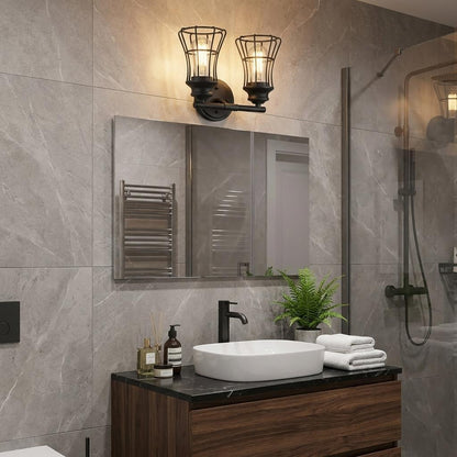 Two Light Matte Black Cage Wall Sconce