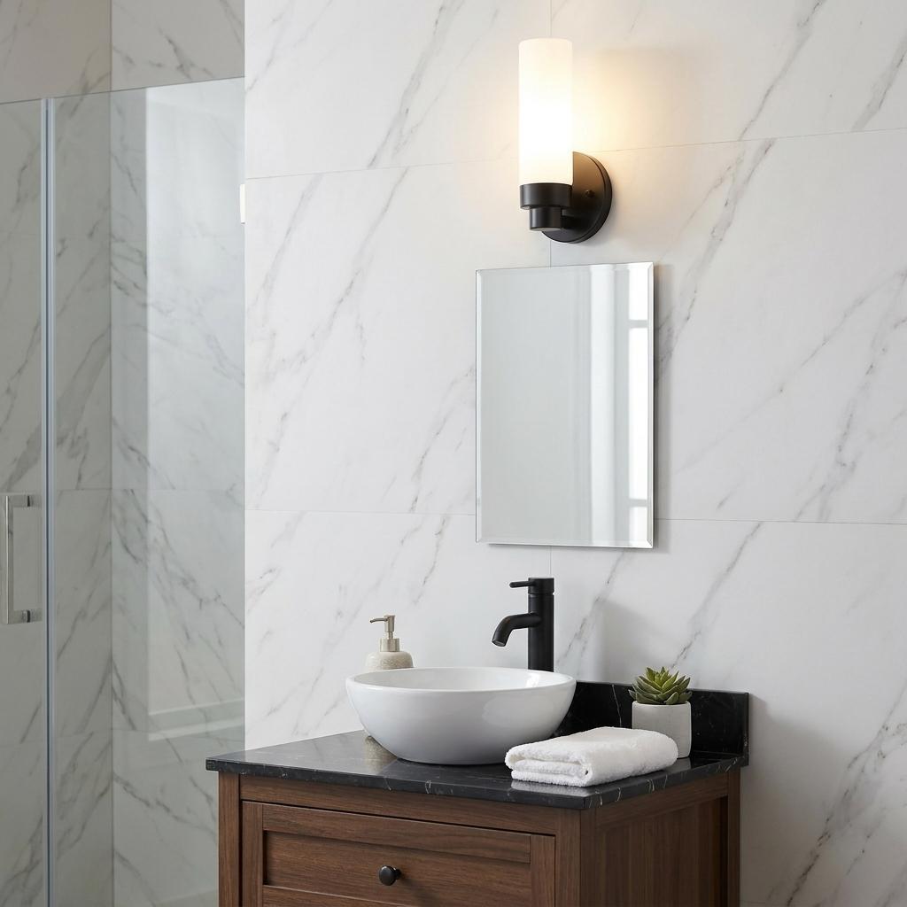 Matte Black Wall Light w/ Narrow Frosted Glass Shade