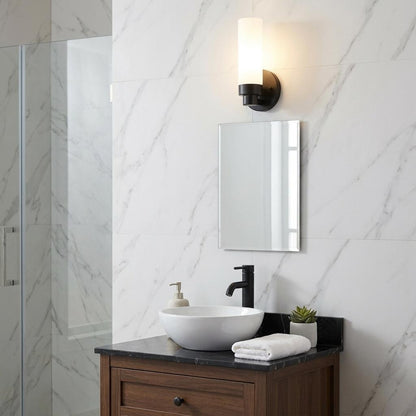 Matte Black Wall Light w/ Narrow Frosted Glass Shade
