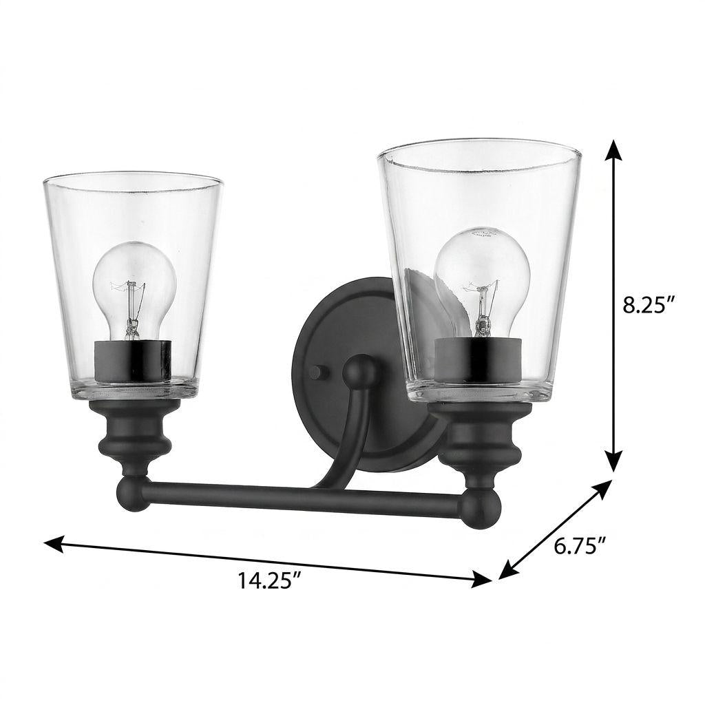 Two Light Matte Black Glass Shade Wall Sconce