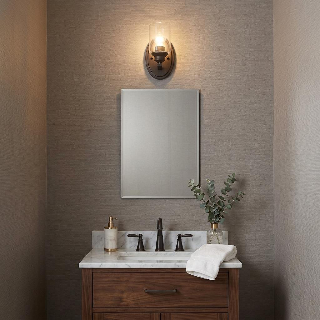 One Light Bronze Wall Light w/ Clear Glass Shade
