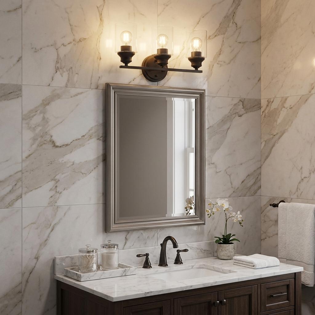 Three Light Bronze Wall Light w/ Clear Glass Shade