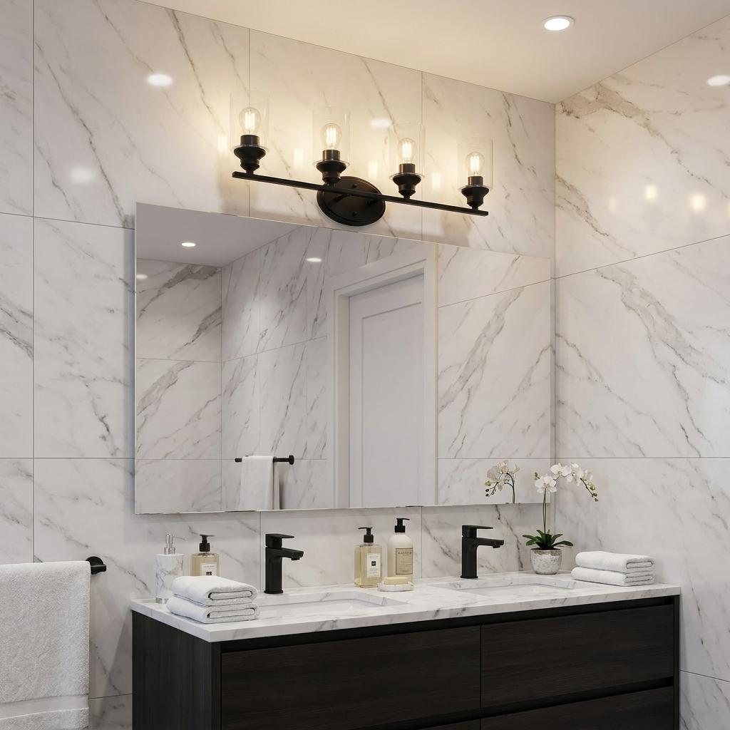 Four Light Matte Black Wall Light w/ Clear Glass Shade