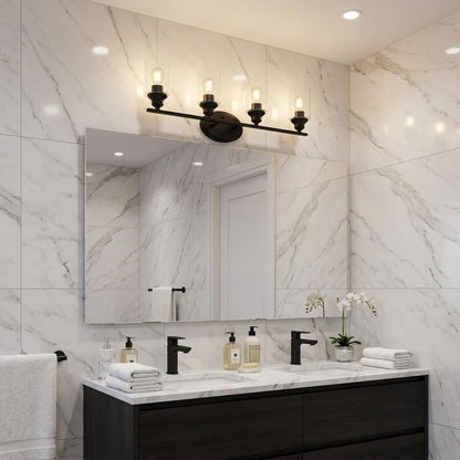 Four Light Matte Black Wall Light w/ Clear Glass Shade