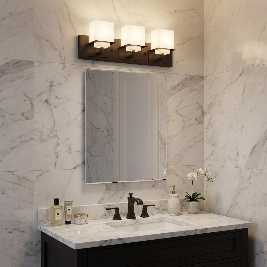 Rampart 3-Light Oil-Rubbed Bronze Vanity Light w/ Etched Glass Shades