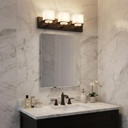 Rampart 3-Light Oil-Rubbed Bronze Vanity Light w/ Etched Glass Shades