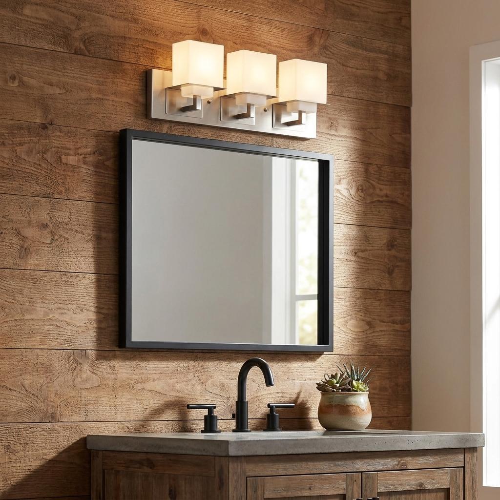 Rampart 3-Light Satin Nickel Vanity Light w/ Etched Glass Shades