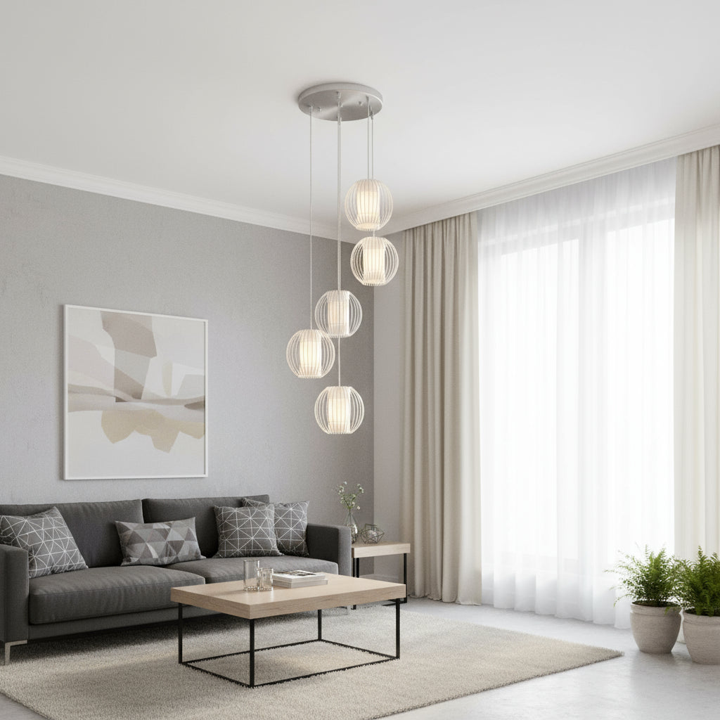 5 Light Acrylic & Steel Shade Hanging Globe Light