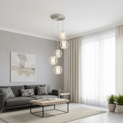 5 Light Acrylic & Steel Shade Hanging Globe Light