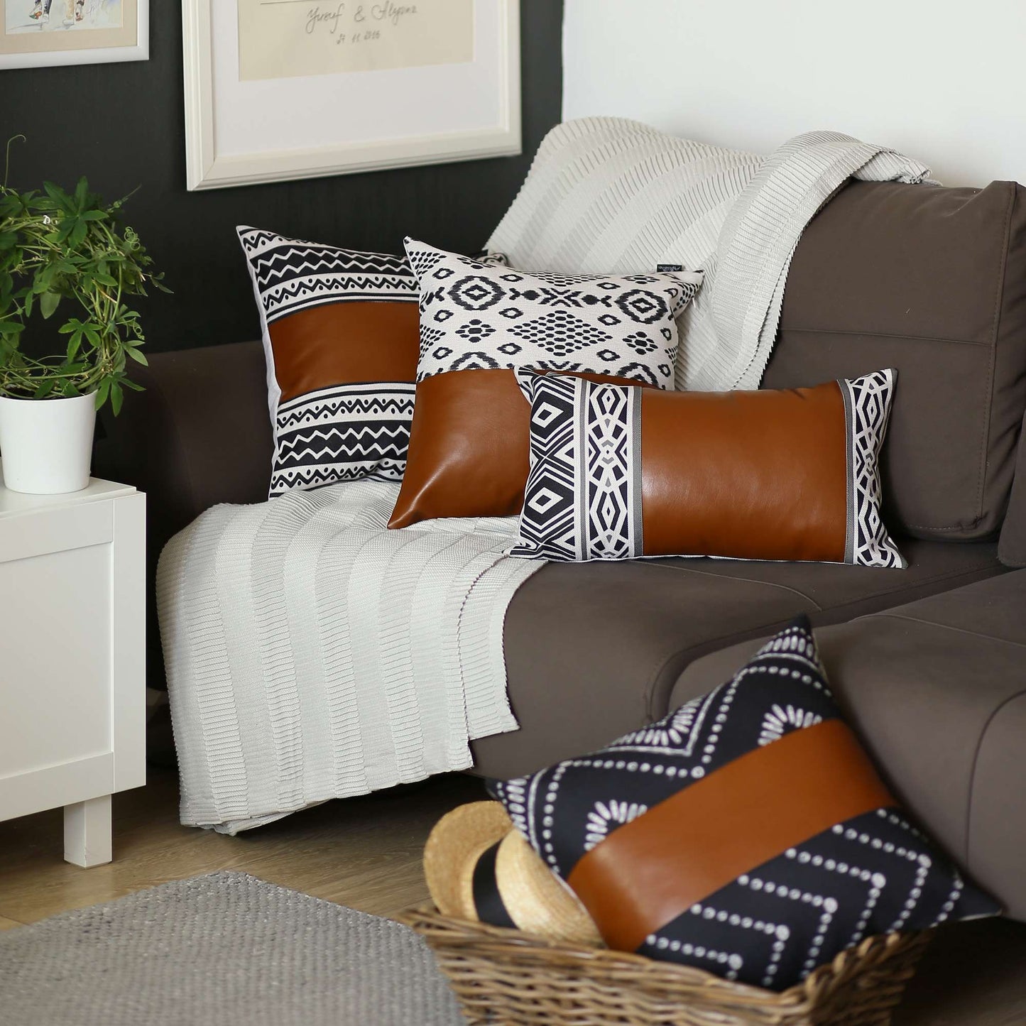 Half Patterned Faux Leather Pillow