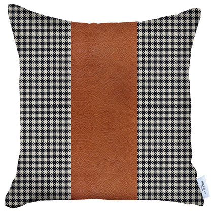 Black Houndstooth Faux Leather Strap Pillow