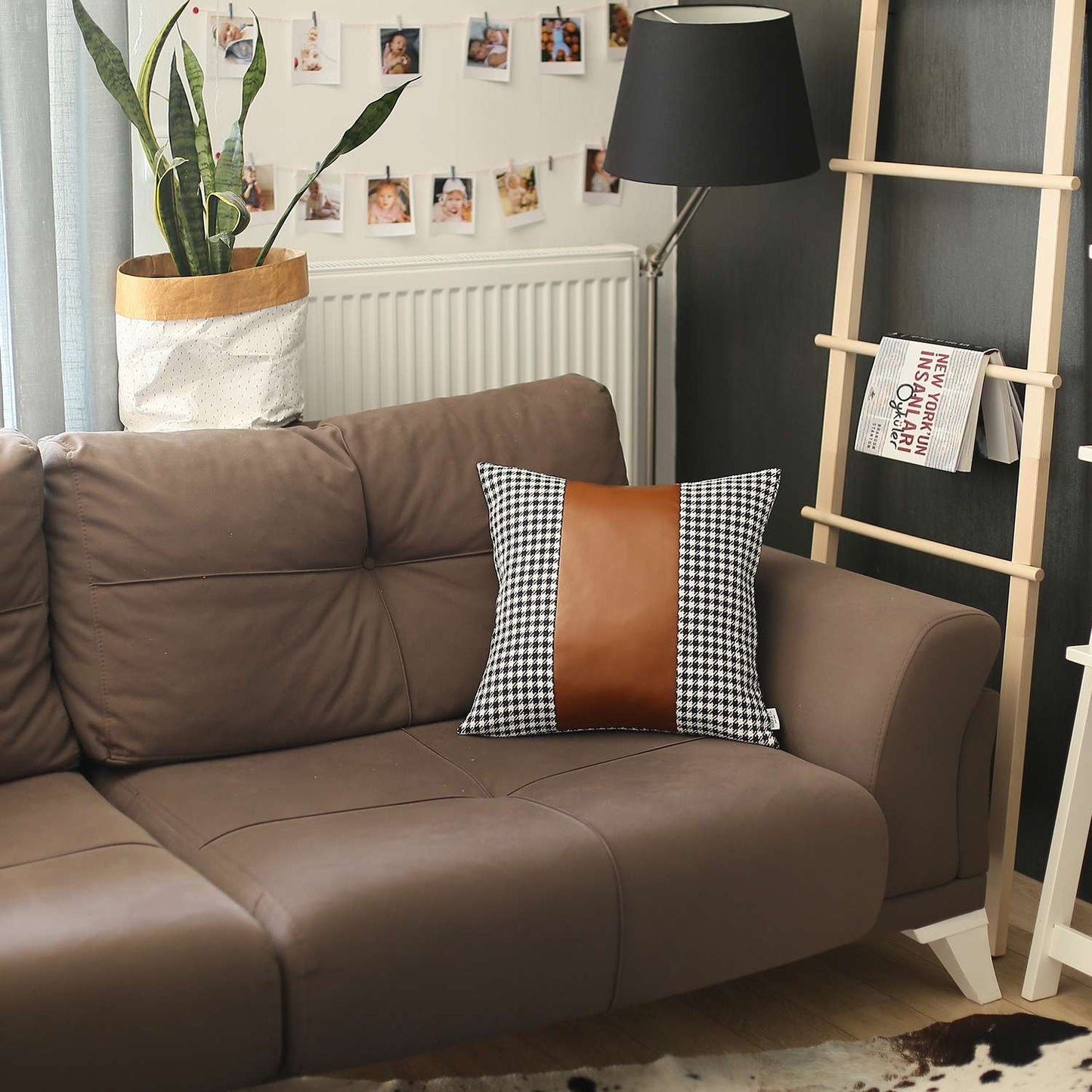 Black Houndstooth Faux Leather Strap Pillow