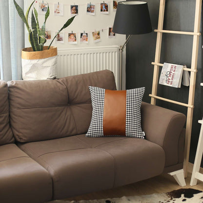 Black Houndstooth Faux Leather Strap Pillow