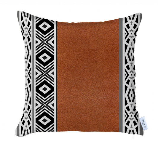 Rustic Brown Faux Leather Geometric Pillow